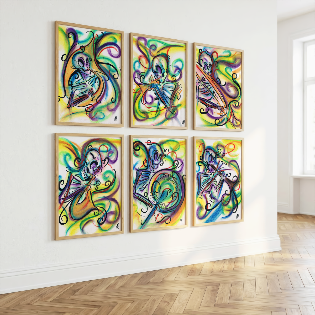 Gallery wall of all six Skeleton Band art prints: tuba, trumpet, trombone, saxophone, drum and clarinet skeletons