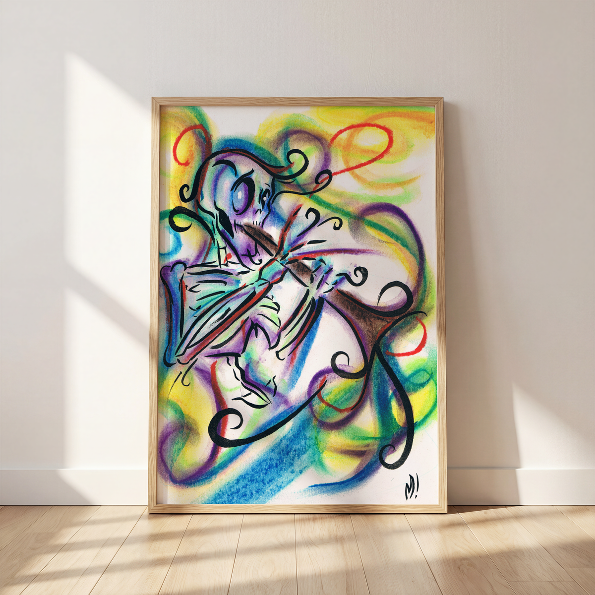 Framed skeleton clarinet art print leaning against a wall