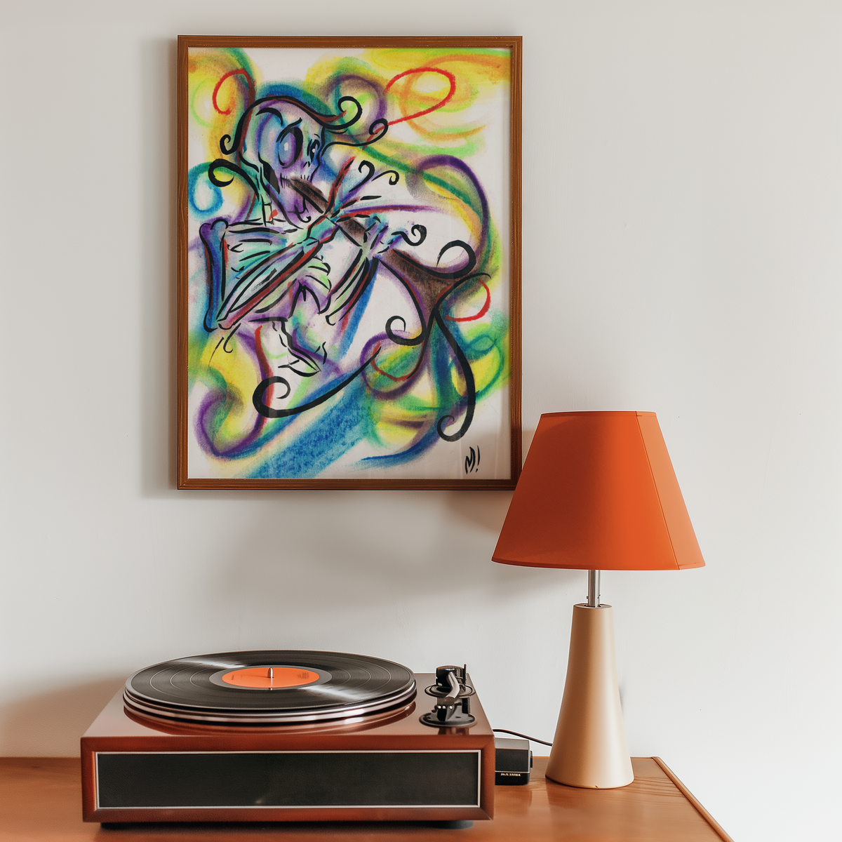 Medium framed skeleton clarinet art print hung above a record player in a music room