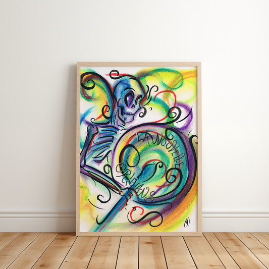 Framed skeleton drummer art print leaning against a wall