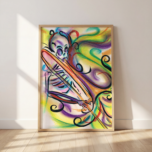 Close-up of framed skeleton trombone art print leaning against a wall, showing pastel detail of the slide