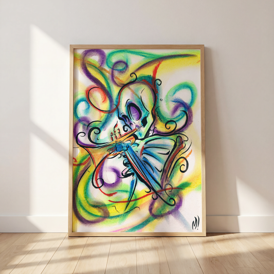 Close-up of framed skeleton trumpet art print leaning against a wall, showing pastel detail of the horn