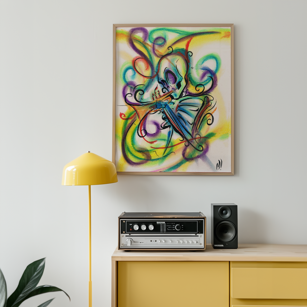 Large framed skeleton saxophone art print above a yellow desk, a skeleton playing sax in a New Orleans second line