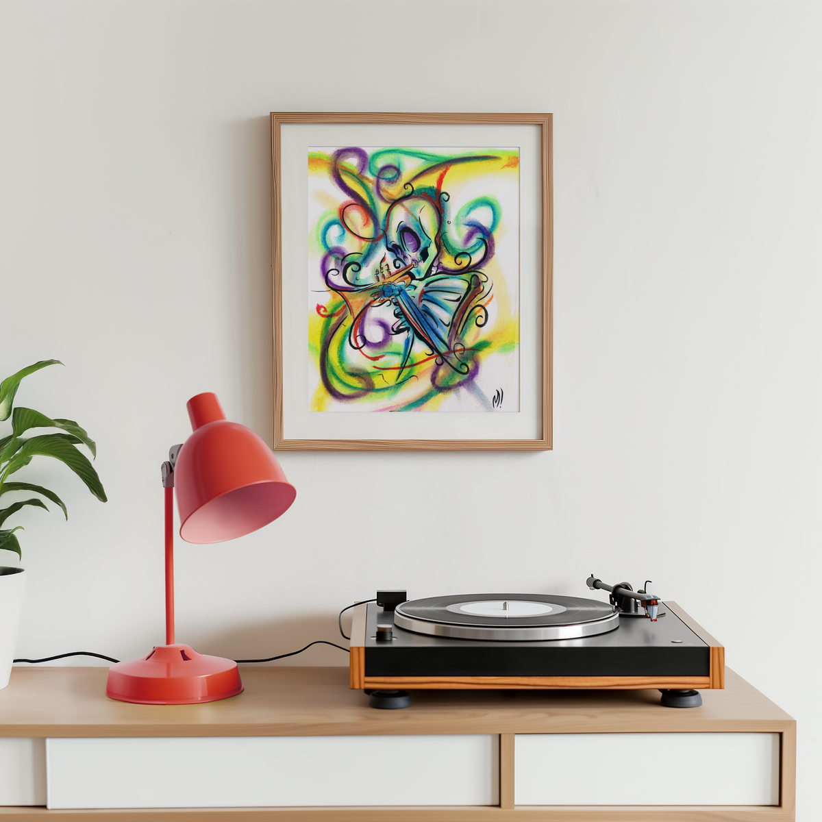 Medium framed skeleton saxophone art print hung above a record player in a music room