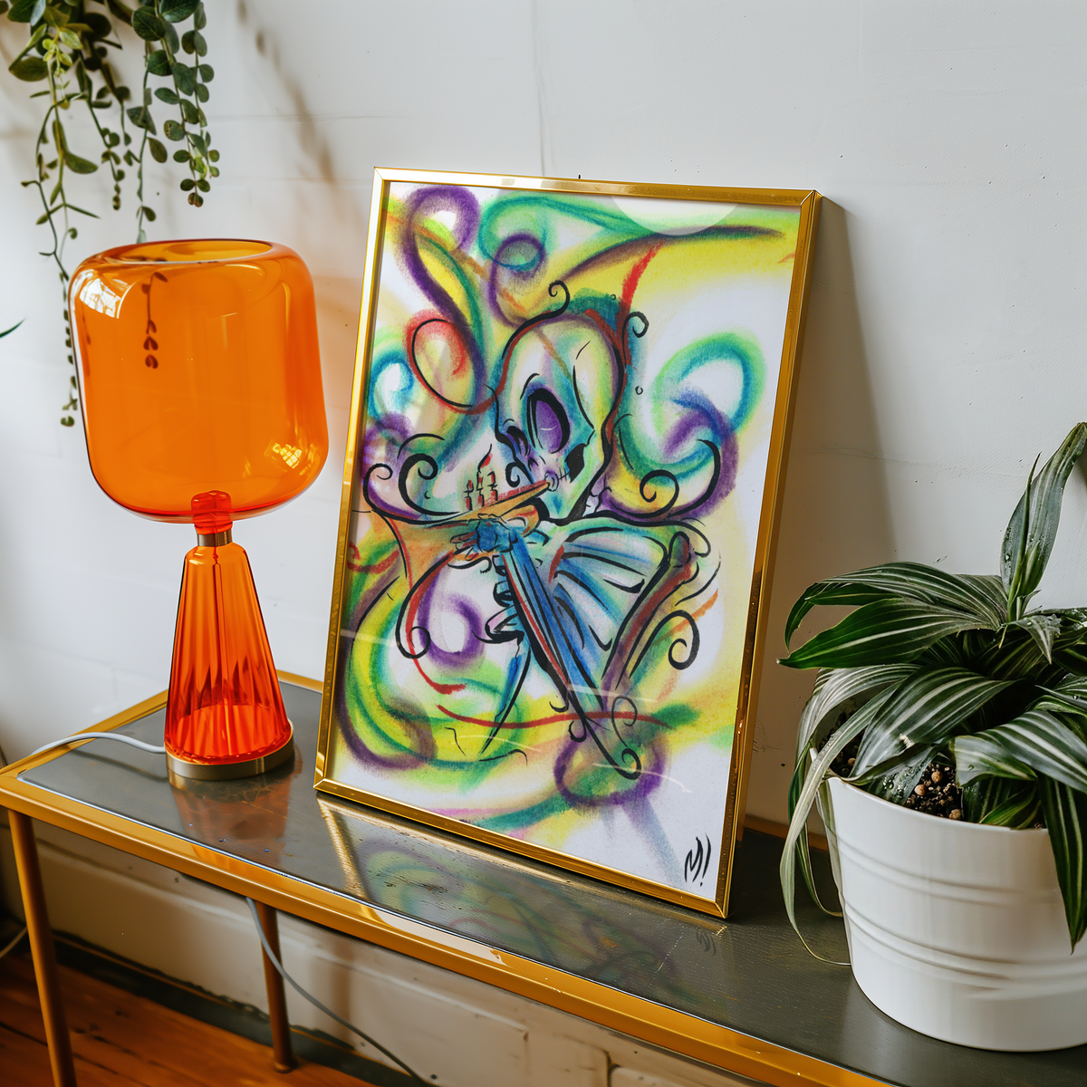 Small framed skeleton saxophone art print on a sofa table, New Orleans music decor