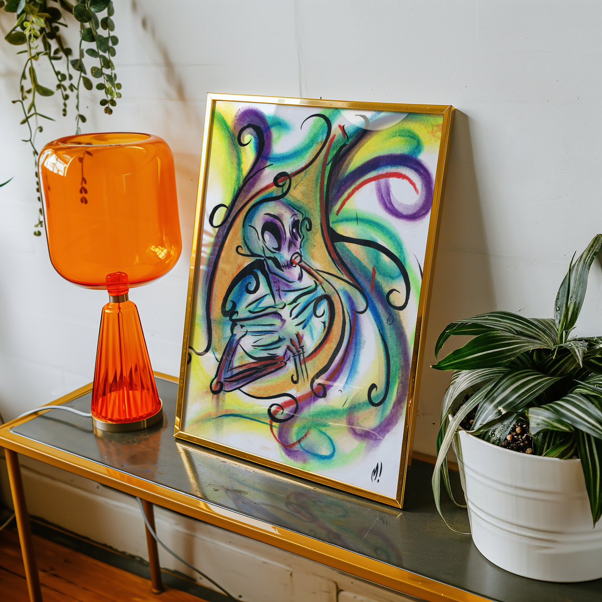 Small framed skeleton tuba art print on a table, New Orleans brass band decor