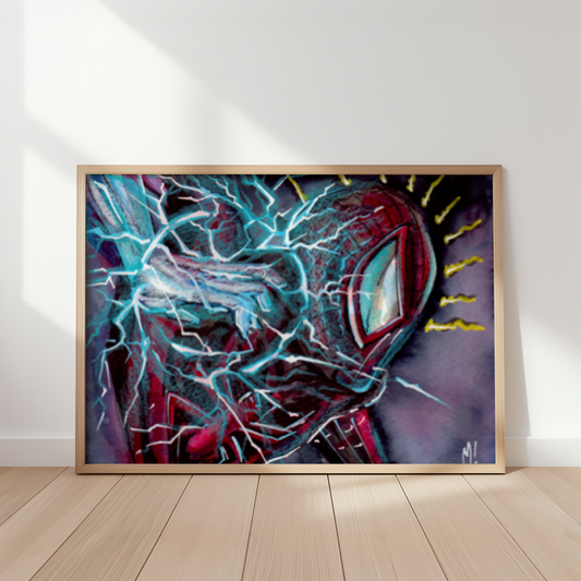 Amped by Monty, superhero art print in a frame leaning against a wall