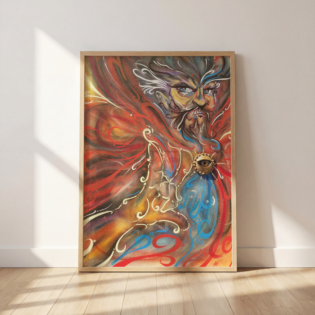 Strange mixed media art print by Monty, framed and leaning against a wall