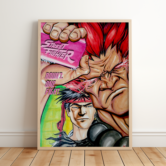 Street Fighter art print by Monty, Ryu and Akuma, framed and leaning on the floor