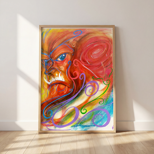 Cursed fairy tale art print by Monty, framed and leaning against a wall