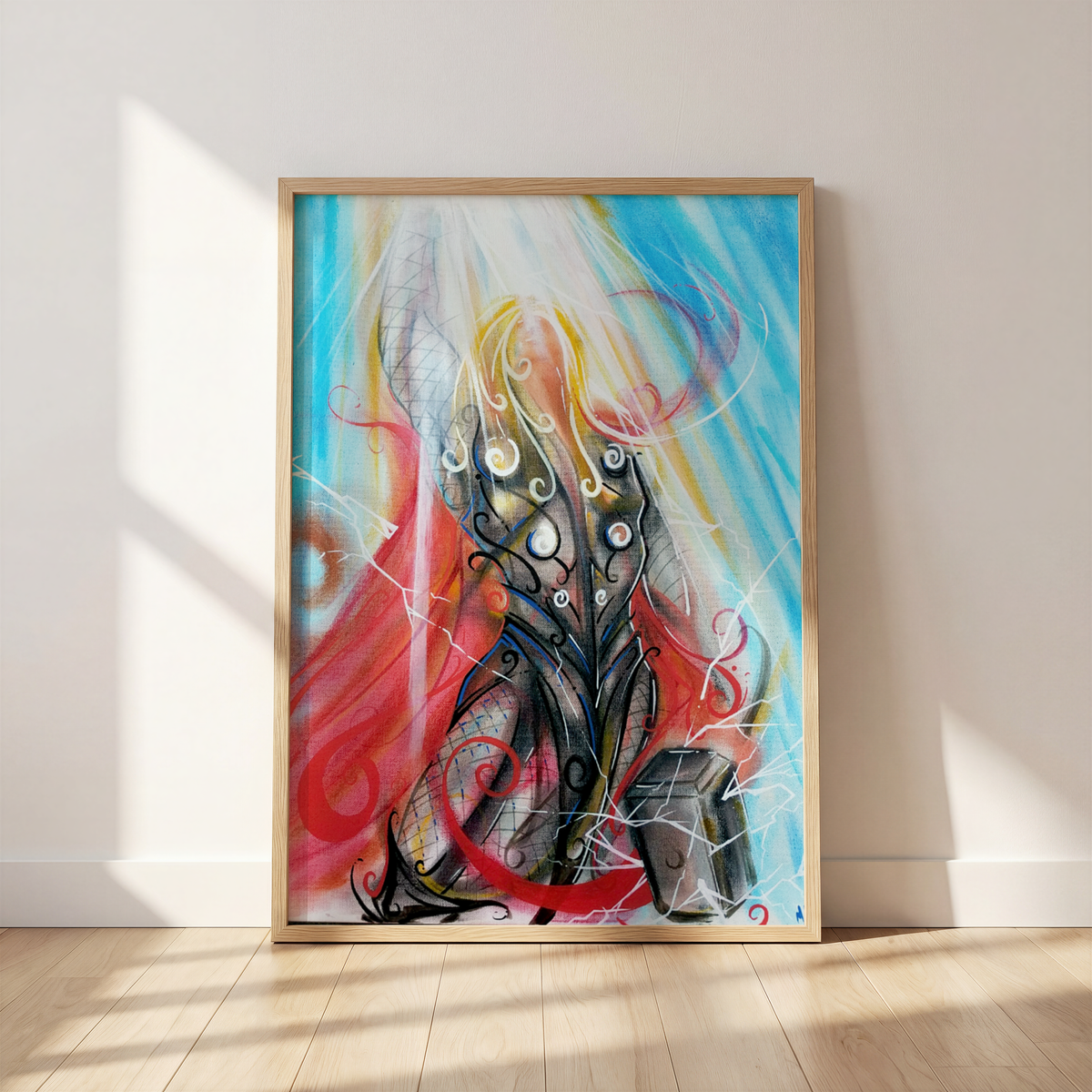 Gathering Storm thunder god art print by Monty, framed and leaning against a wall