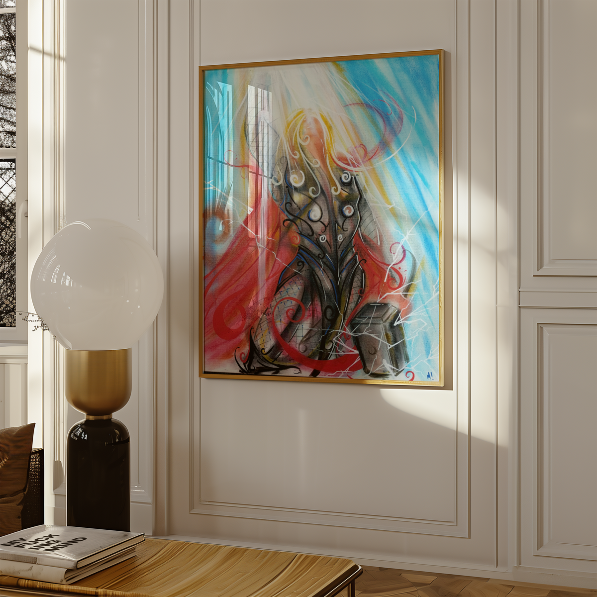 Large framed thunder god art print on a wall, norse god wall art for a game room or office