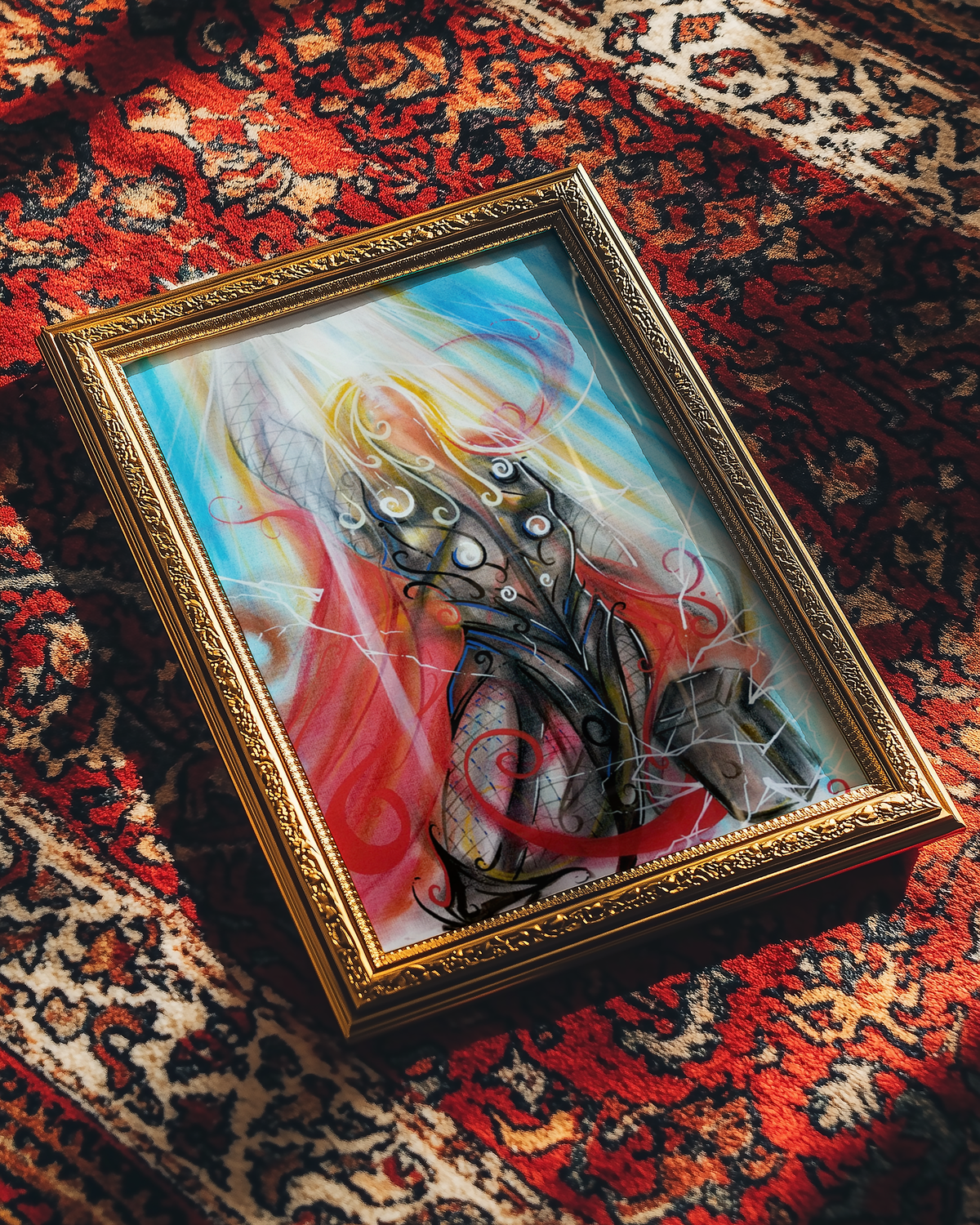 Small framed thunder god art print on a red rug, comic decor