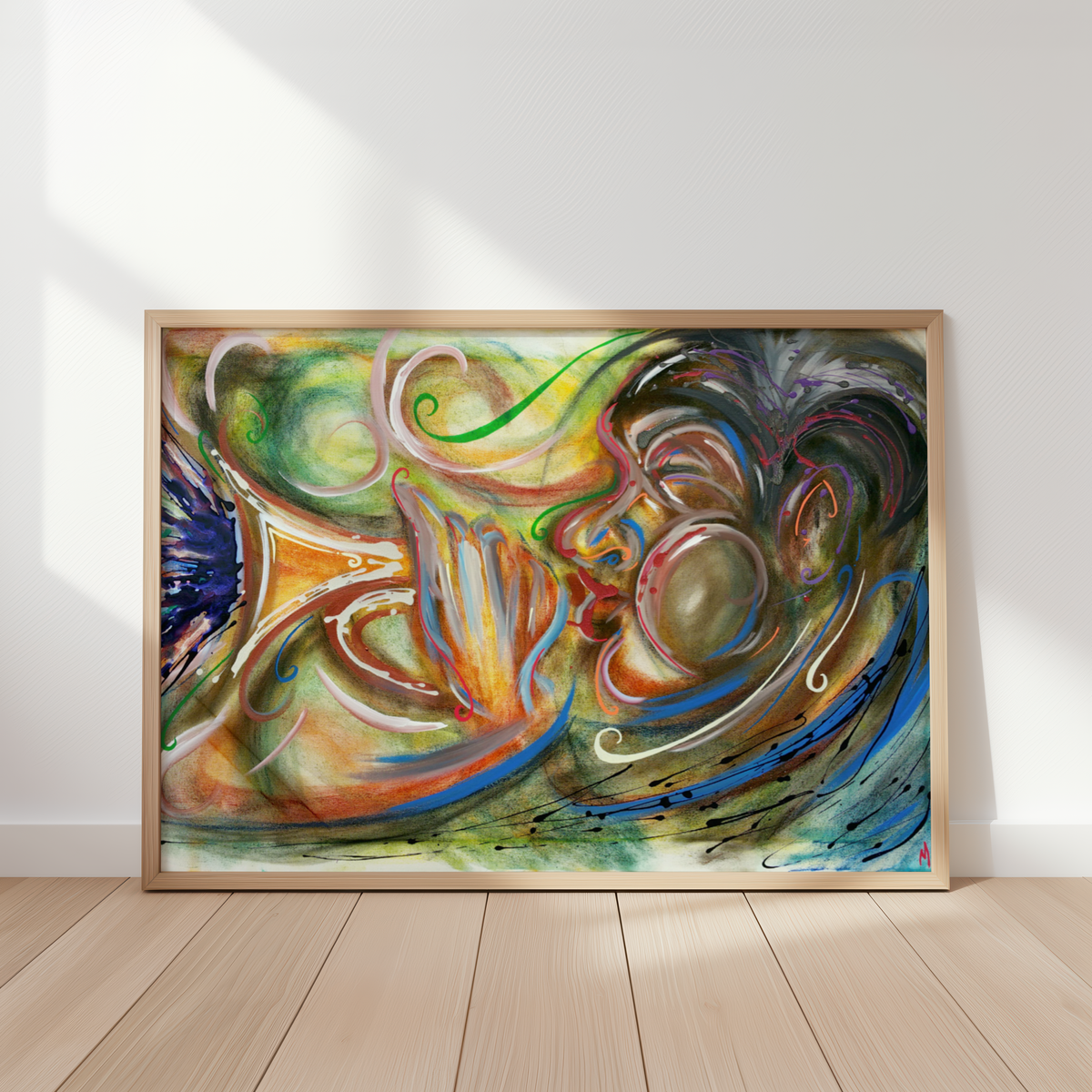 Framed black jazz art print of a trumpet player leaning against a wall
