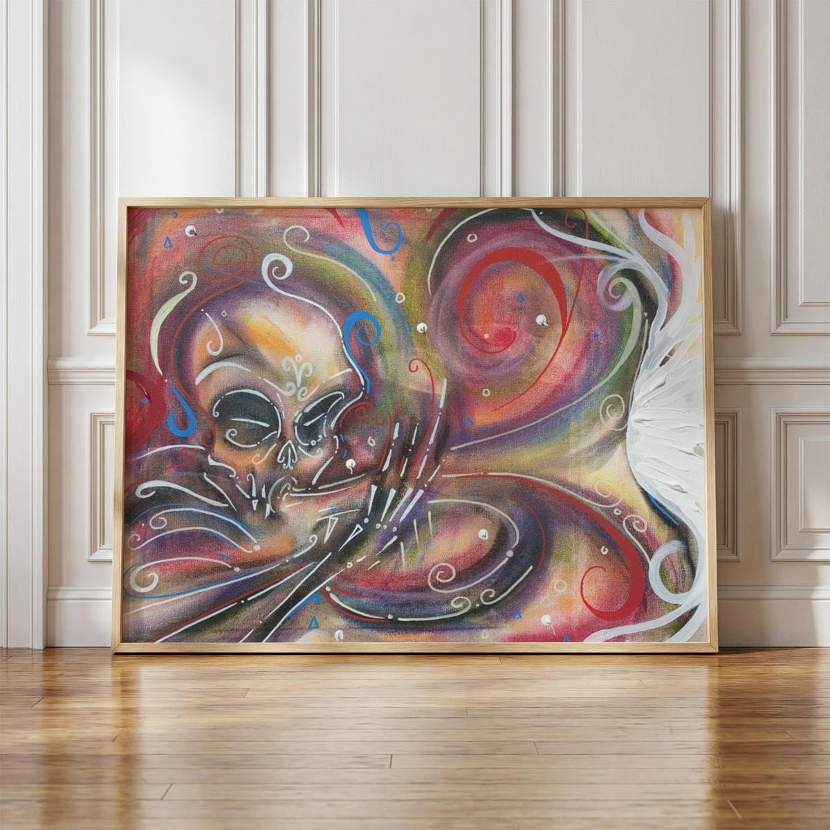 Skeleton musician art print by Monty in a frame, leaning against a wall