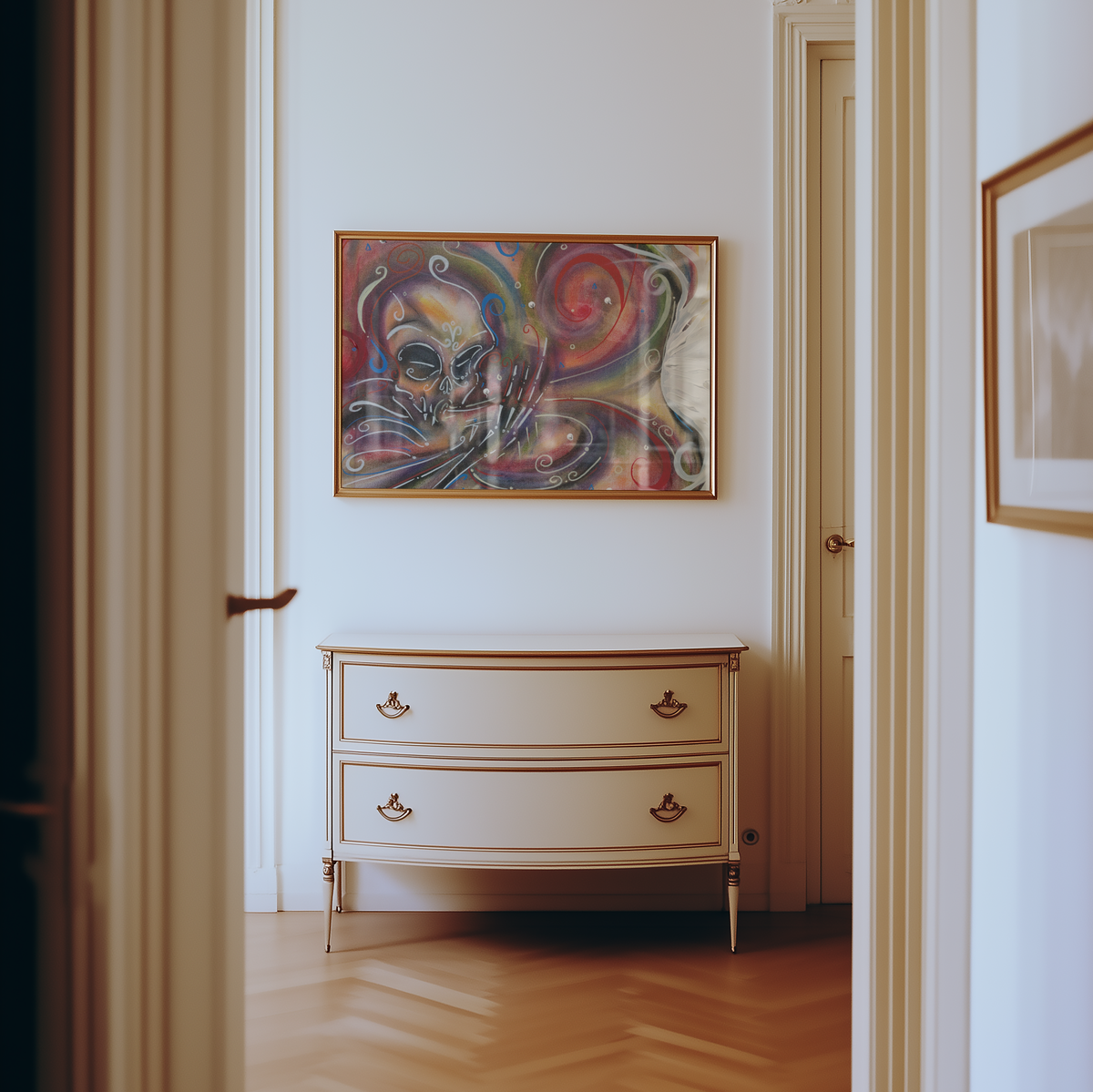 Large framed day of the dead skull art print hanging on a wall