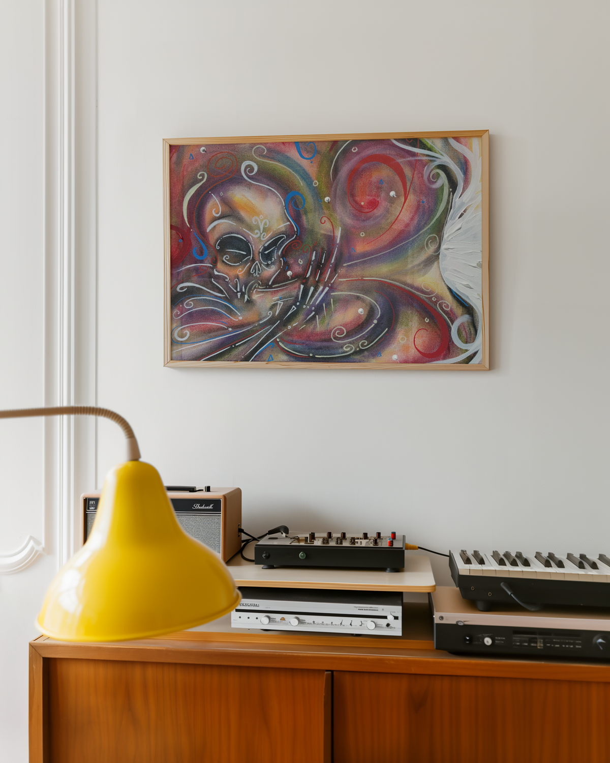 Medium When the Music Starts print hanging above a record player