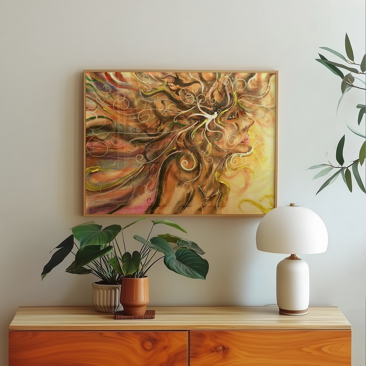 Medium woman in the wind art print hanging above a shelf