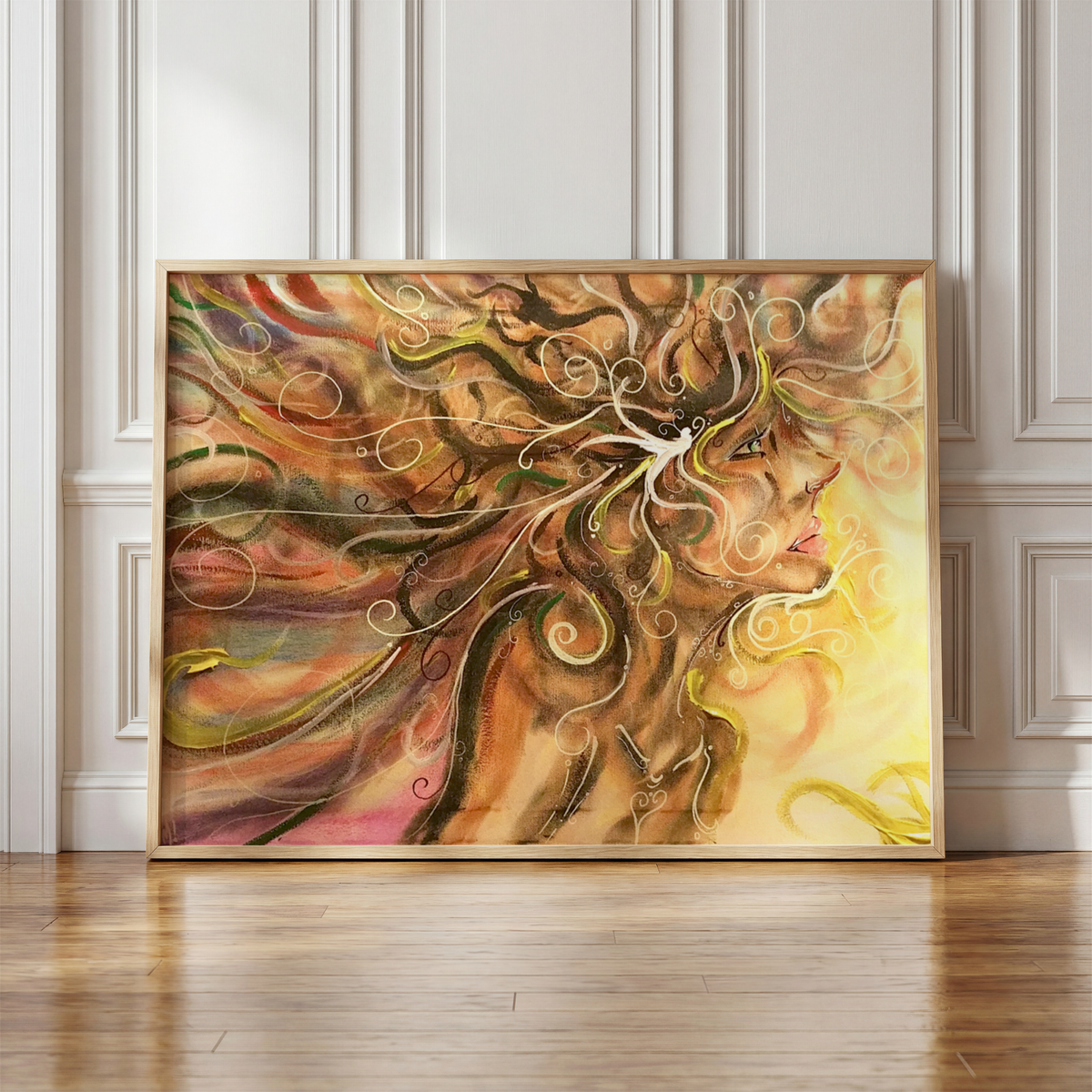 Wind by Monty, woman in the wind art print in a frame leaning against a wall