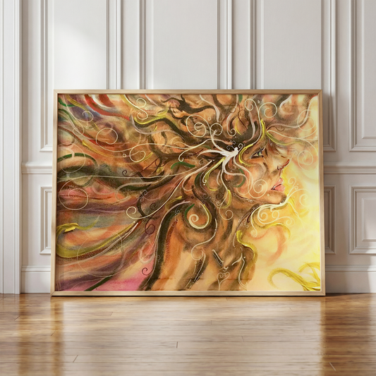 Wind by Monty, woman in the wind art print in a frame leaning against a wall