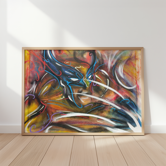 Claws Out antihero art print by Monty, framed and leaning against a wall