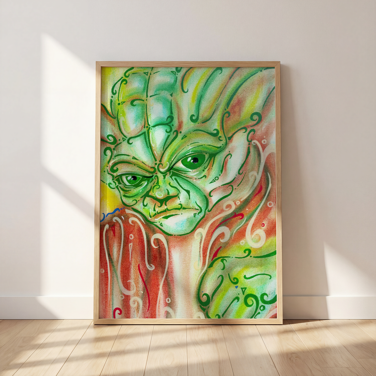 The Wise One wisdom wall art print by Monty, framed and leaning against a wall
