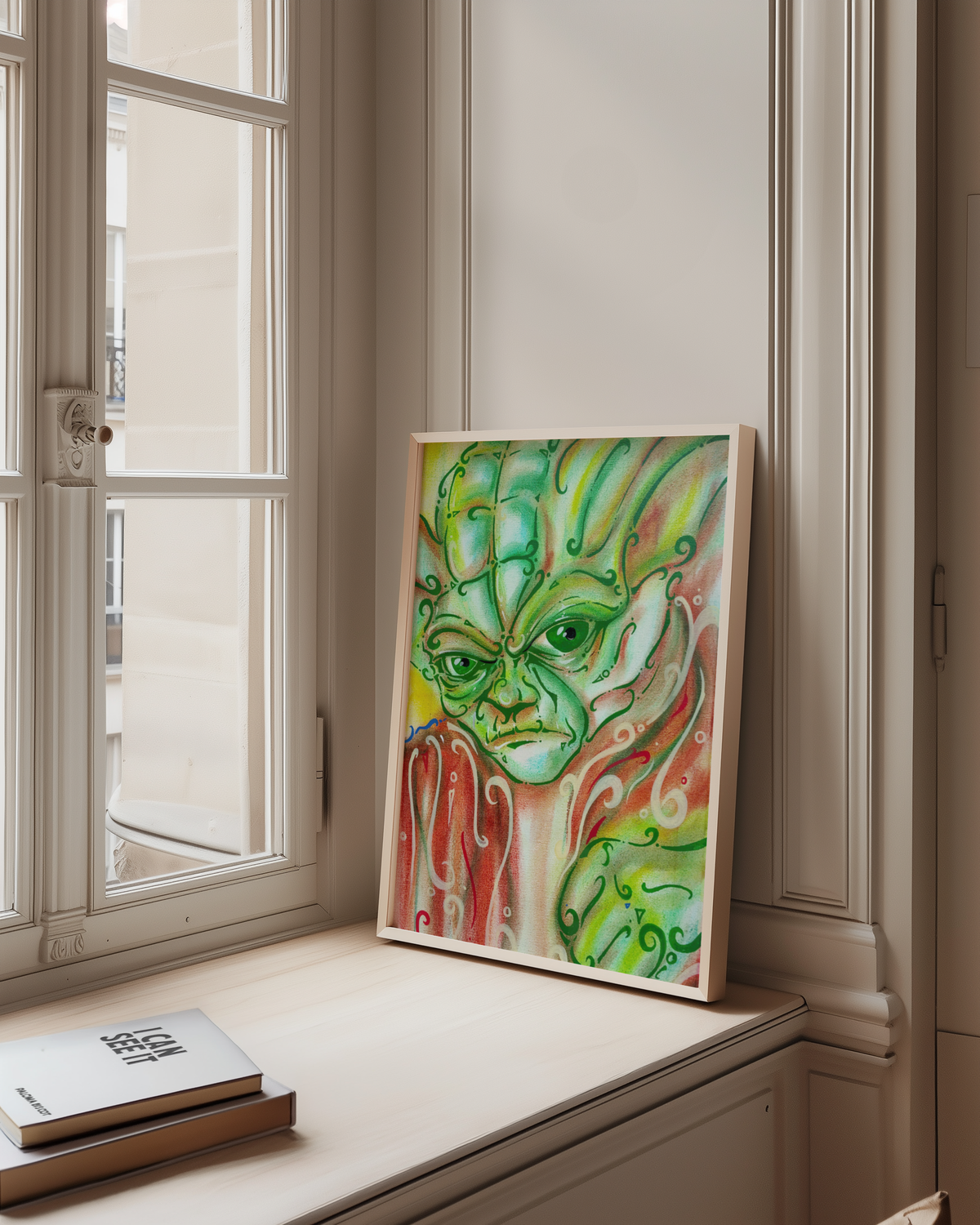Medium framed The Wise One art print sitting on a windowsill